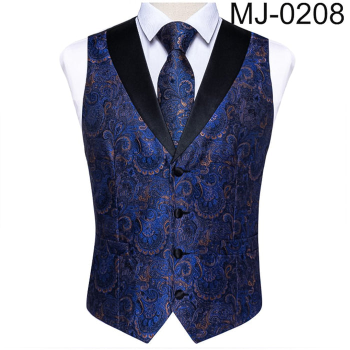 Blue and Gold Floral Silk Single Waistcoat Vest Only -NO TIE-MJ-0208 - SimonVon Shop