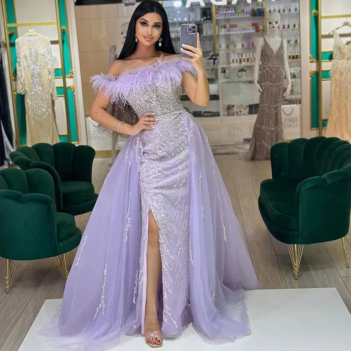 Blue Diamond Feather Mermaid Evening Dress With Overskirt LA72061 - SERENE  HILL