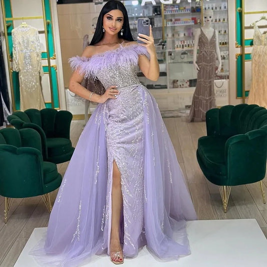 Blue Diamond Feather Mermaid Evening Dress With Overskirt LA72061 - SERENE  HILL