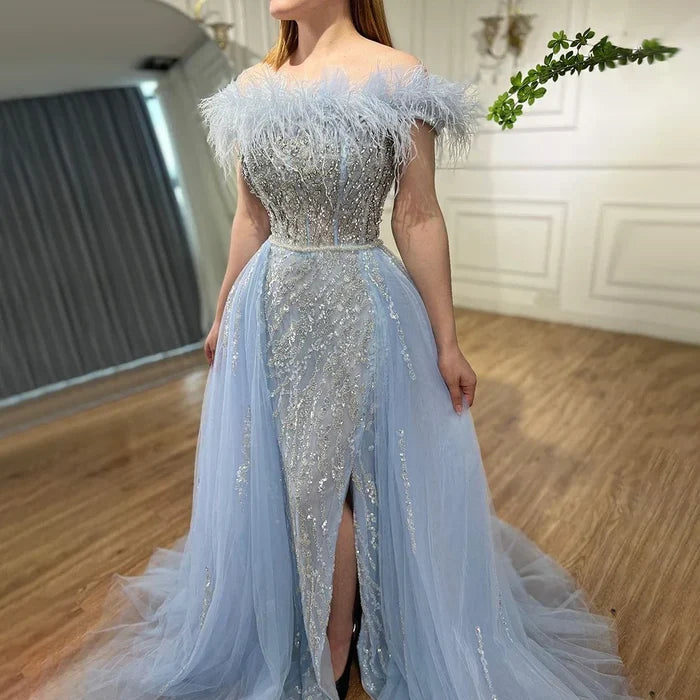 Blue Diamond Feather Mermaid Evening Dress With Overskirt LA72061 - SERENE HILL