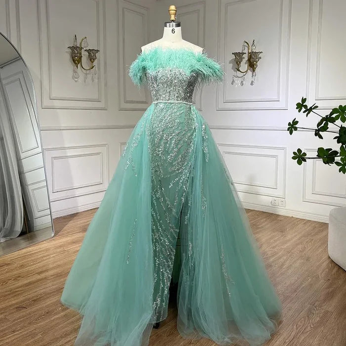 Blue Diamond Feather Mermaid Evening Dress With Overskirt LA72061 - SERENE HILL