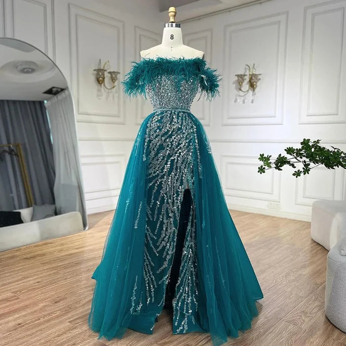 Blue Diamond Feather Mermaid Evening Dress With Overskirt LA72061 - SERENE HILL