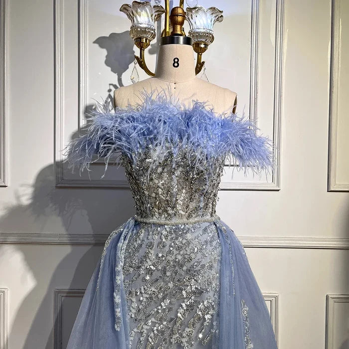 Blue Diamond Feather Mermaid Evening Dress With Overskirt LA72061 - SERENE HILL