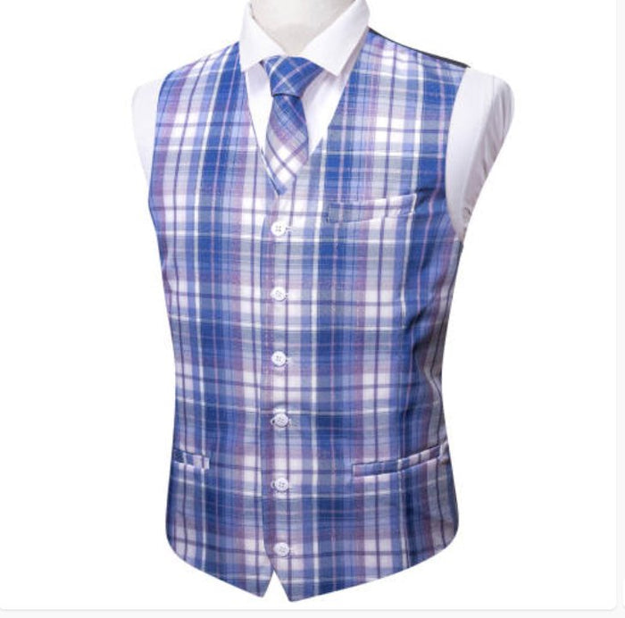 Blue Gray Plaid Mens Waistcoat Wool Blend Tailored Collar/V-neck 3 Pocket Check Vest MJ-2325 - SimonVon Shop