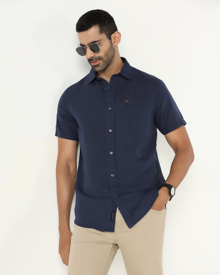 Blue Half Sleeve Linen Solid Shirt - Salmon