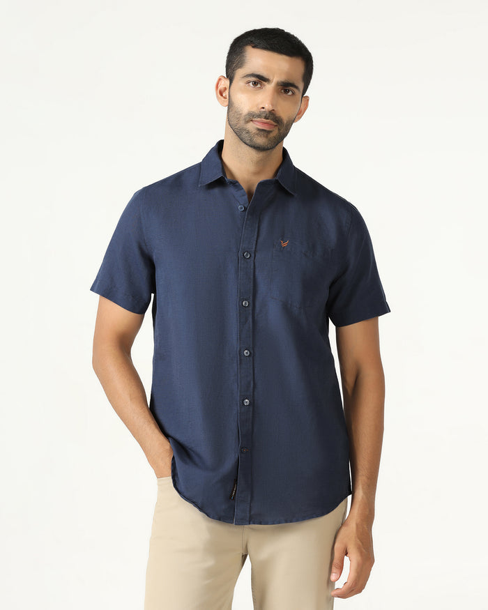 Blue Half Sleeve Linen Solid Shirt - Salmon