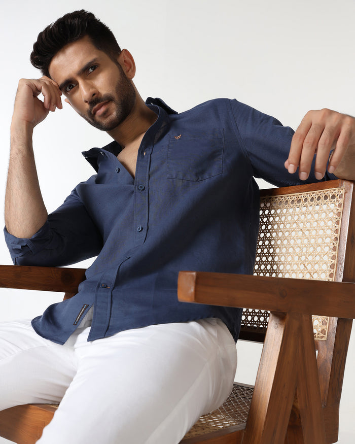 Blue Linen Solid Shirt - Salmon