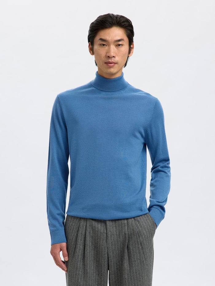 Blue Merino Wool Turtleneck Pullover