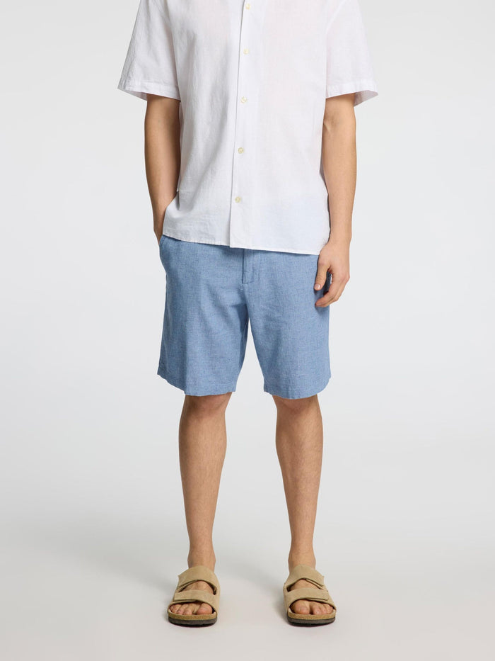 Blue Mid Rise Linen Blend Shorts