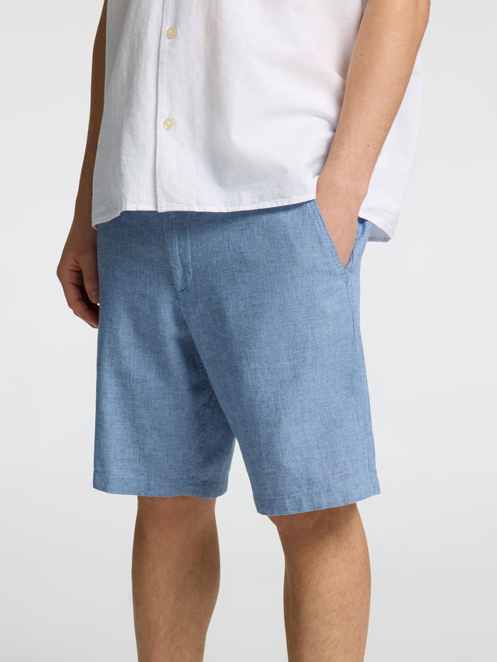 Blue Mid Rise Linen Blend Shorts