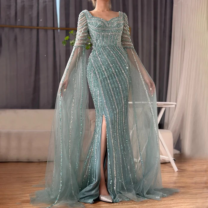 Blue Sweetheart Beaded Long Sleeves Mermaid Evening Gown LA72314 - SERENE HILL
