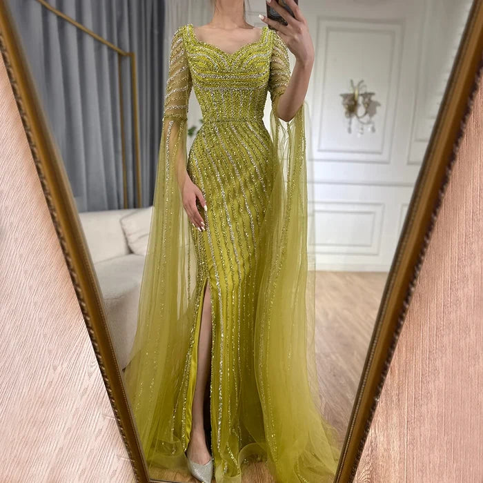 Blue Sweetheart Beaded Long Sleeves Mermaid Evening Gown LA72314 - SERENE HILL