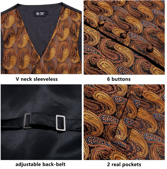 Brown Golden 4 PC Paisley Silk Waistcoat and Necktie Pocket Square Cufflink Vest Set-MJ-0030 - SimonVon Shop