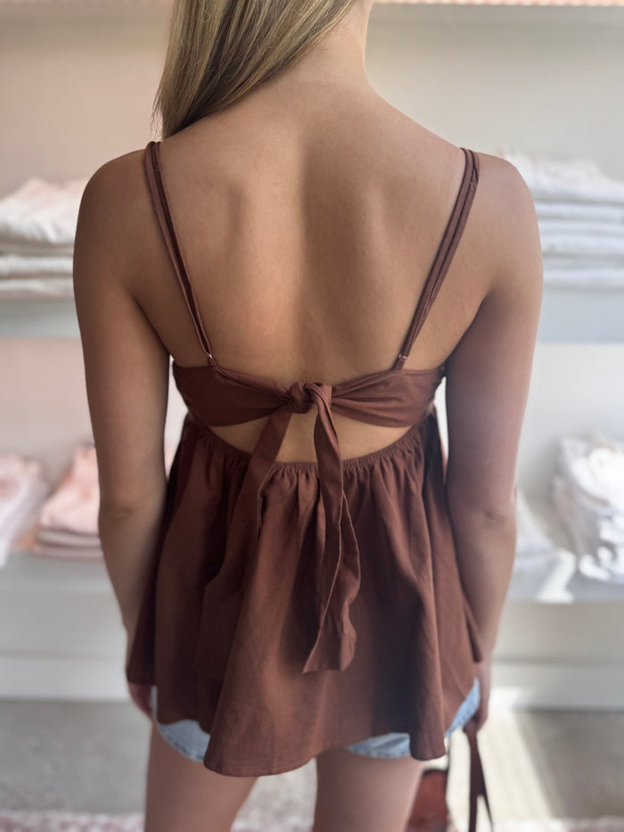 Brown Tie-Back Babydoll Top - Amor Lafayette