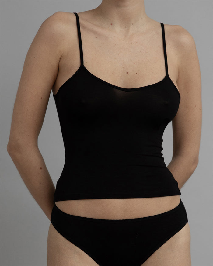 Front View of Recline Cami in Black from KYE Intimates in Los Angeles.