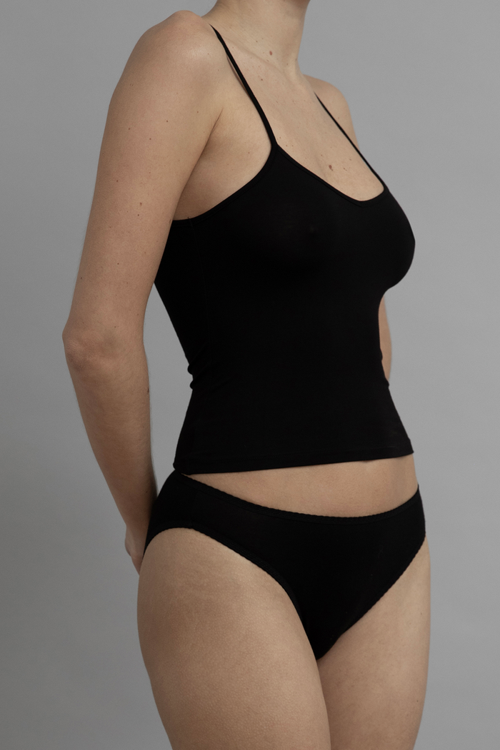 Side View of Recline Cami in Black from KYE Intimates in Los Angeles.