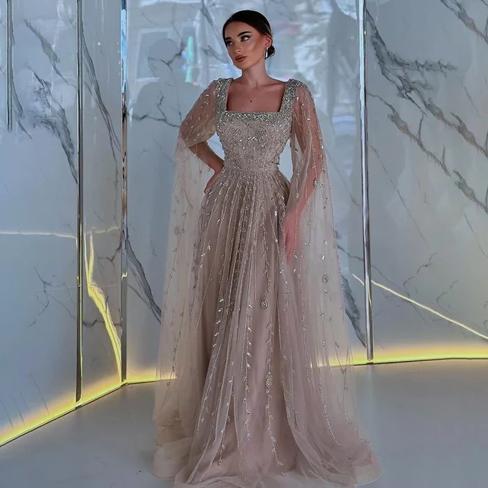 Caramel Beaded A-Line Evening Dress with Cape Sleeves LA71803A - SERENE HILL