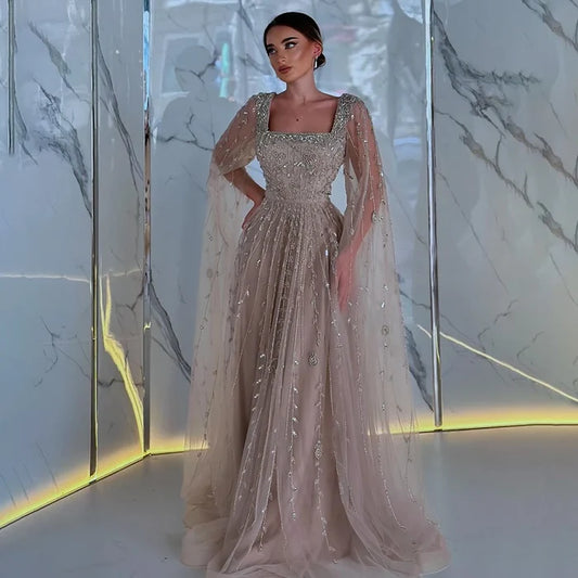 Caramel Beaded A-Line Evening Dress with Cape Sleeves LA71803A - SERENE HILL