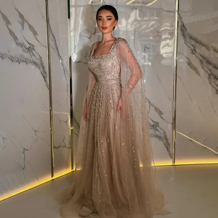 Caramel Beaded A-Line Evening Dress with Cape Sleeves LA71803A - SERENE HILL
