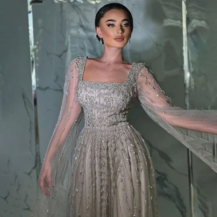 Caramel Beaded A-Line Evening Dress with Cape Sleeves LA71803A - SERENE HILL