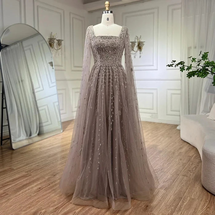Caramel Beaded A-Line Evening Dress with Cape Sleeves LA71803A - SERENE HILL
