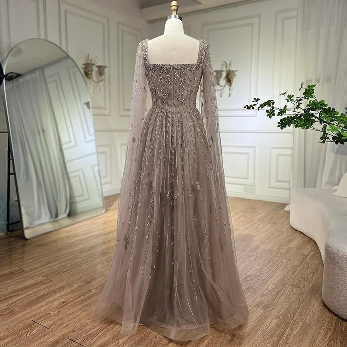 Caramel Beaded A-Line Evening Dress with Cape Sleeves LA71803A - SERENE HILL