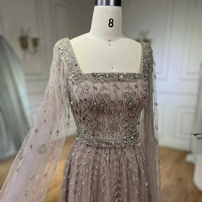 Caramel Beaded A-Line Evening Dress with Cape Sleeves LA71803A - SERENE HILL