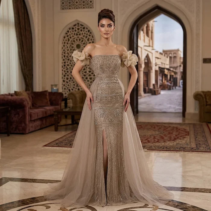 Caramel Beaded Evening Dress with Detachable Overskirt LA72603 - SERENE  HILL