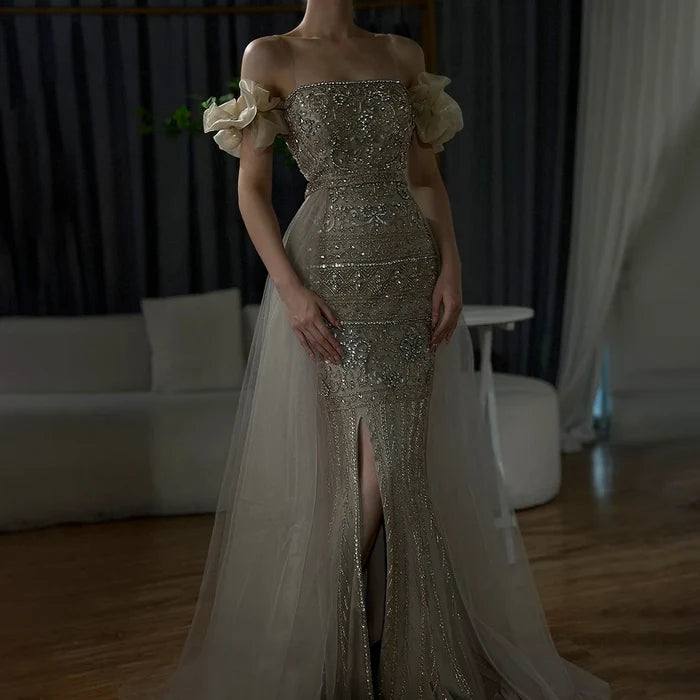 Caramel Beaded Evening Dress with Detachable Overskirt LA72603 - SERENE HILL