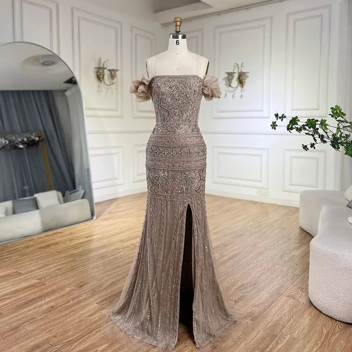 Caramel Beaded Evening Dress with Detachable Overskirt LA72603 - SERENE HILL