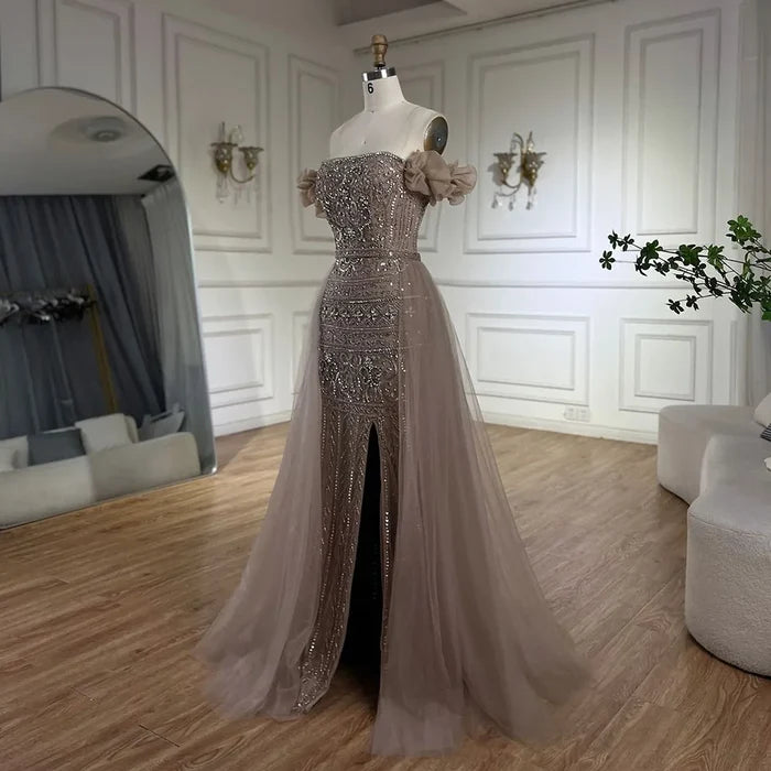 Caramel Beaded Evening Dress with Detachable Overskirt LA72603 - SERENE HILL