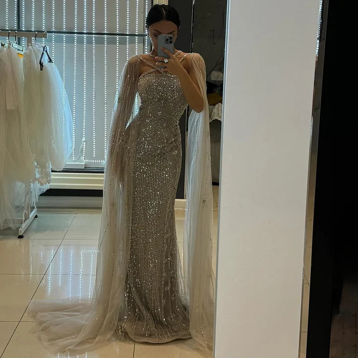 Caramel Cape Sleeves Beaded Mermaid Luxury Dubai Evening Dress LA71905B - SERENE HILL