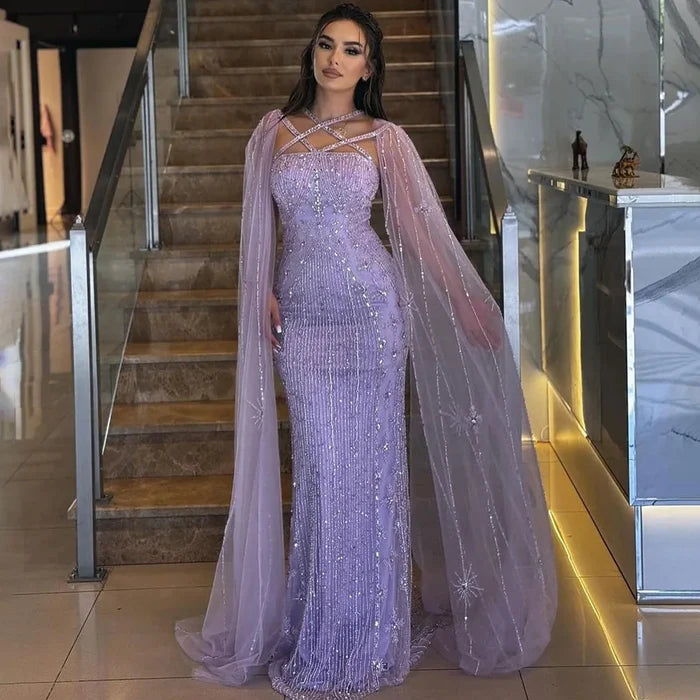 Caramel Cape Sleeves Beaded Mermaid Luxury Dubai Evening Dress LA71905B - SERENE HILL