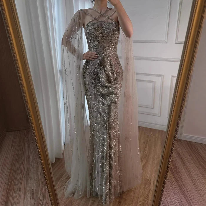 Caramel Cape Sleeves Beaded Mermaid Luxury Dubai Evening Dress LA71905B - SERENE HILL