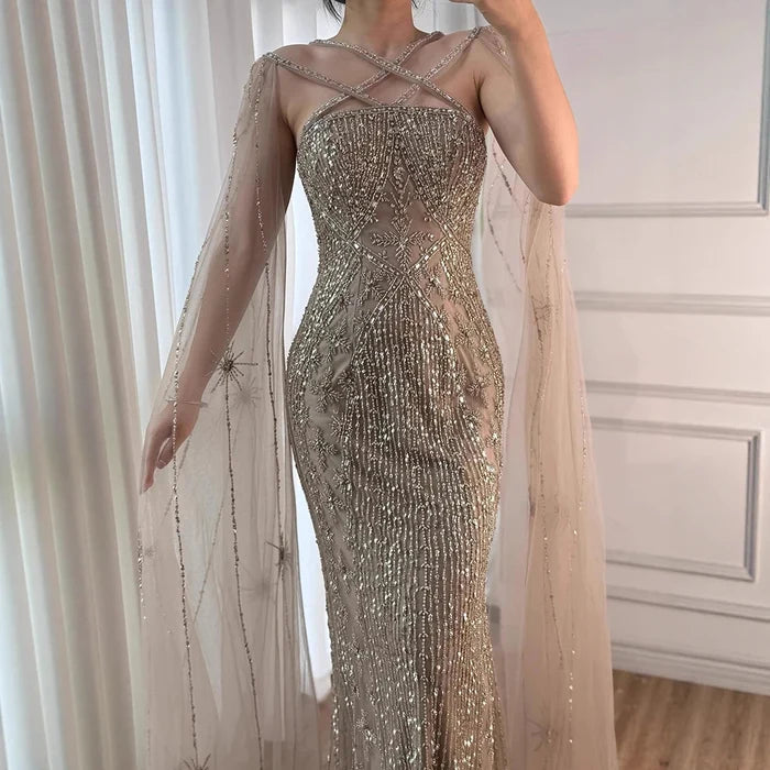 Caramel Cape Sleeves Beaded Mermaid Luxury Dubai Evening Dress LA71905B - SERENE HILL