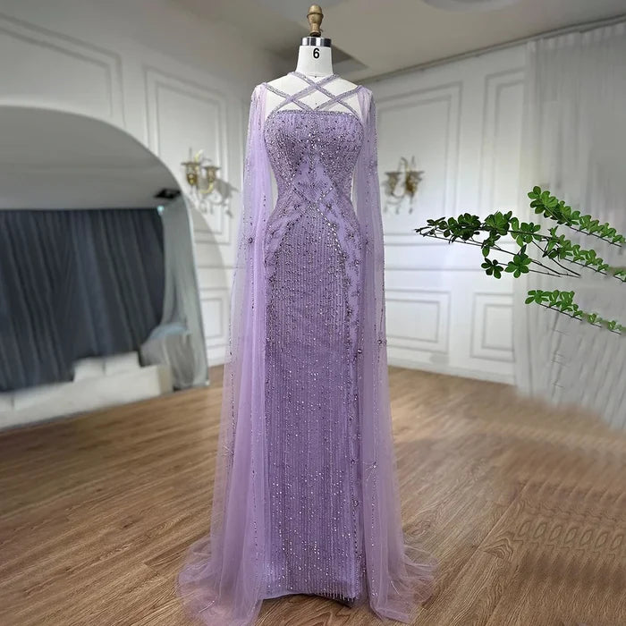Caramel Cape Sleeves Beaded Mermaid Luxury Dubai Evening Dress LA71905B - SERENE HILL