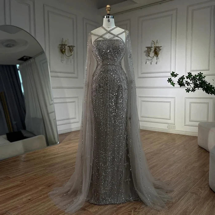 Caramel Cape Sleeves Beaded Mermaid Luxury Dubai Evening Dress LA71905B - SERENE HILL