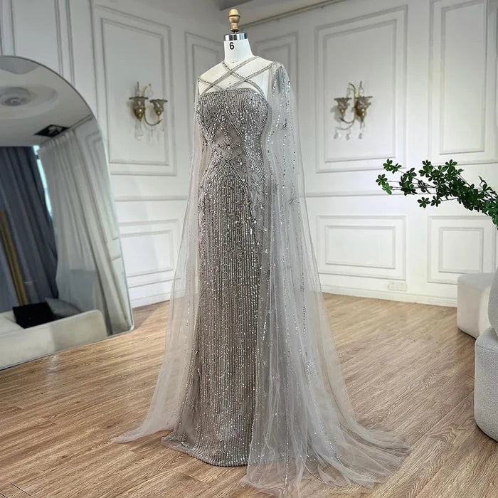 Caramel Cape Sleeves Beaded Mermaid Luxury Dubai Evening Dress LA71905B - SERENE HILL
