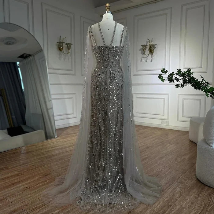 Caramel Cape Sleeves Beaded Mermaid Luxury Dubai Evening Dress LA71905B - SERENE HILL