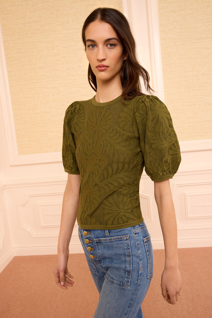 Moss Green Jacquard Knit Puff Sleeve Top - Front View On Model | Ulla Johnson