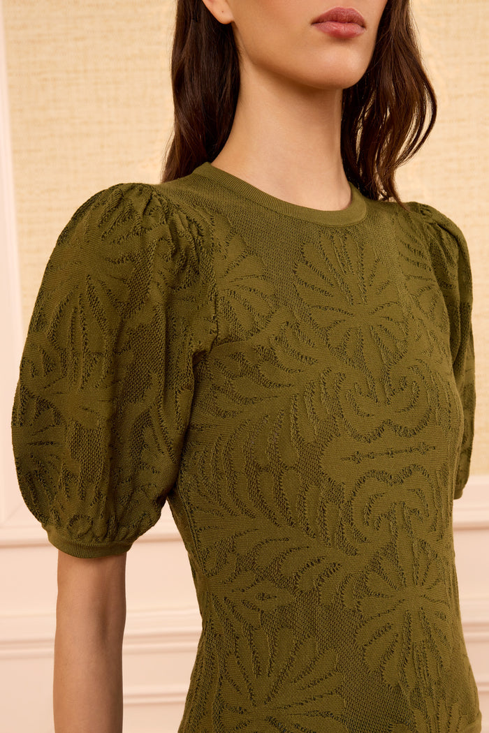 Moss Floral Jacquard Knit Top - Puffed Sleeve & Texture Close-Up | Ulla Johnson