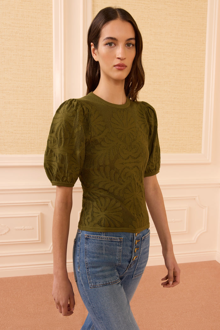 Moss Green Designer Puff Sleeve Jacquard Top - Three-Quarter View On Model | Ulla Johnson