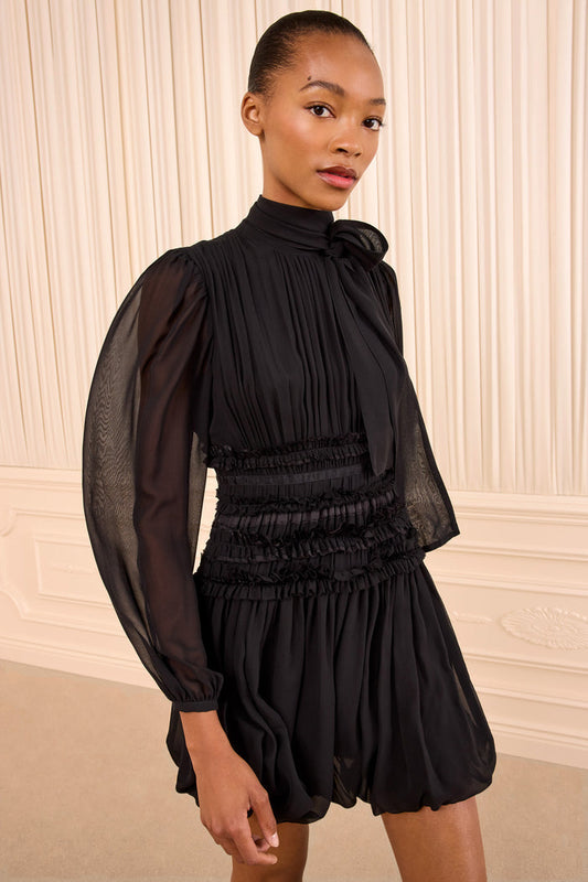 Celestine Long Sleeve Silk Dress - Noir