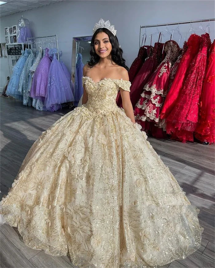 Charming Champagne Princess Ball Gown Quinceanera Dress Off Shoulder Appliques Beads Sweet Sequins Dress