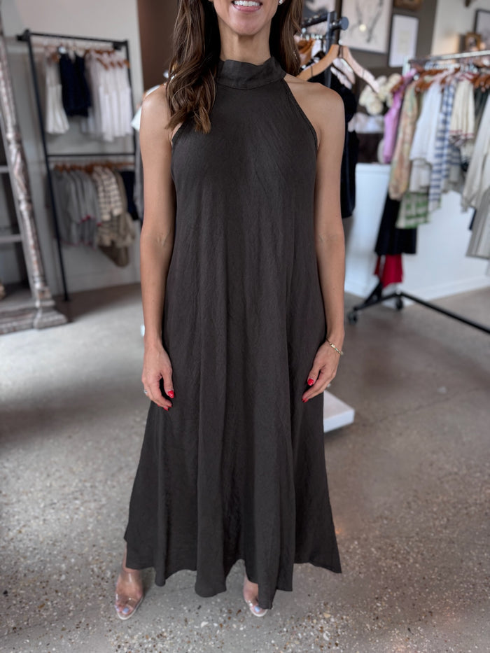 Chocolate Brown Solid Linen Mock Neck Maxi Dress