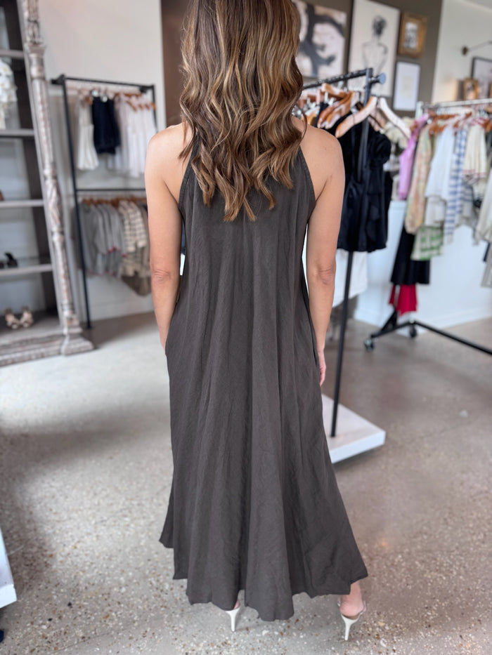 Chocolate Brown Solid Linen Mock Neck Maxi Dress