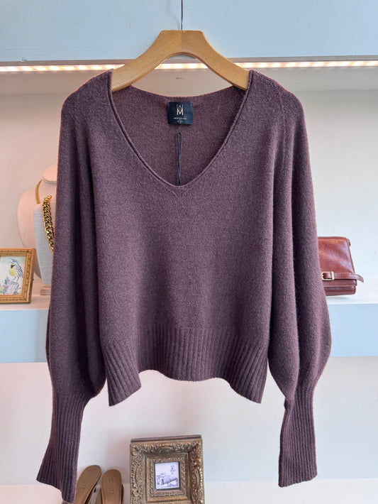 Chocolate Bubble Sleeve V Neck Sweater - Amor Lafayette