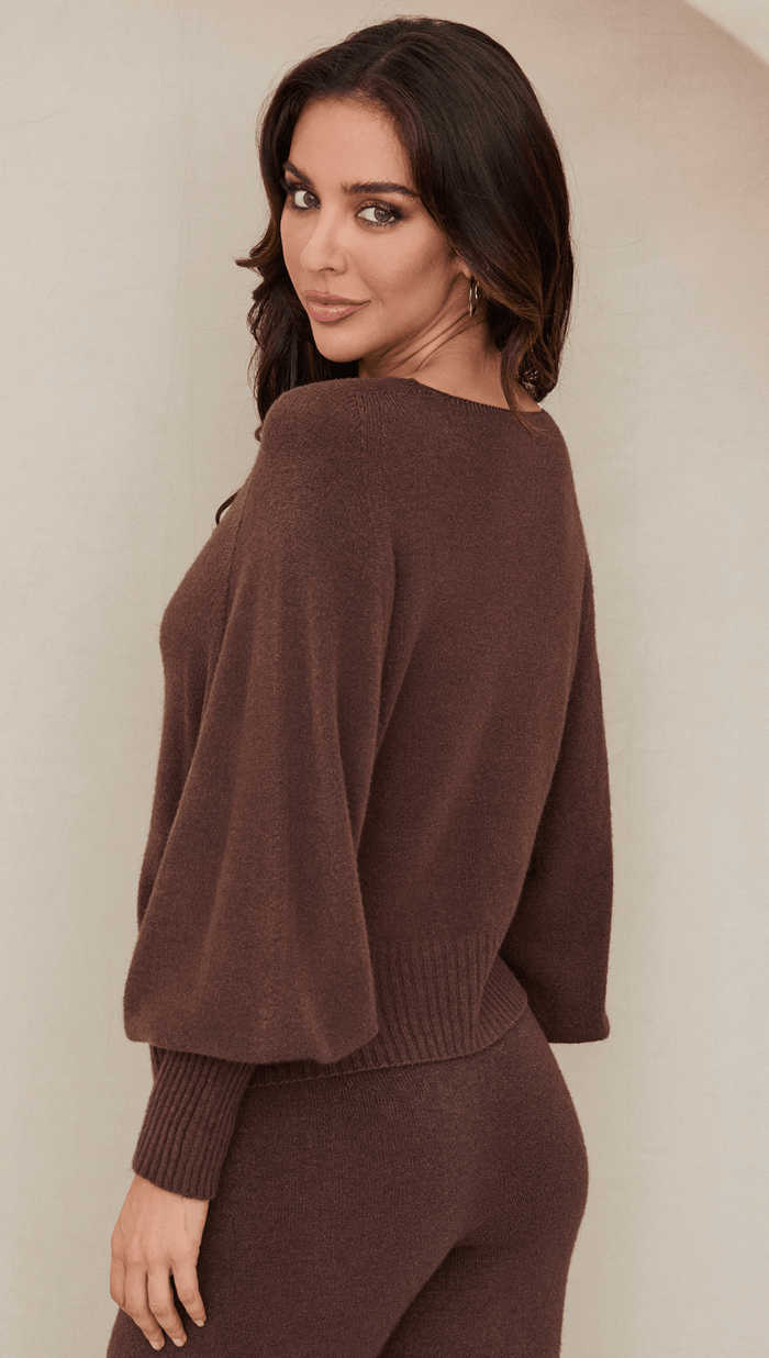Chocolate Bubble Sleeve V Neck Sweater - Amor Lafayette