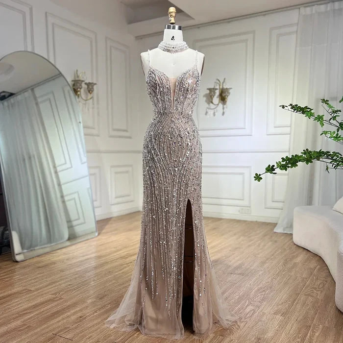 Classy Silver Nude Mermaid Spaghetti Straps Beaded Prom Dress LA72047B - SERENE HILL