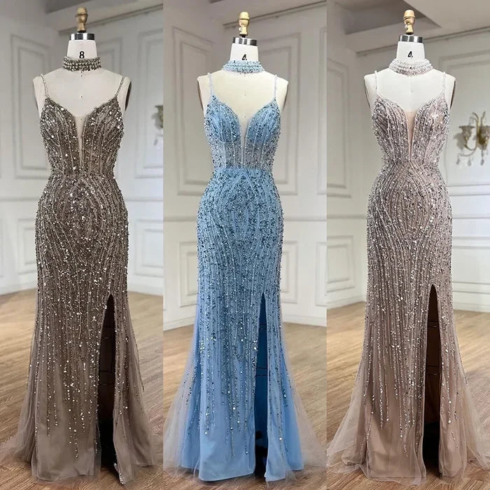 Classy Silver Nude Mermaid Spaghetti Straps Beaded Prom Dress LA72047B - SERENE HILL